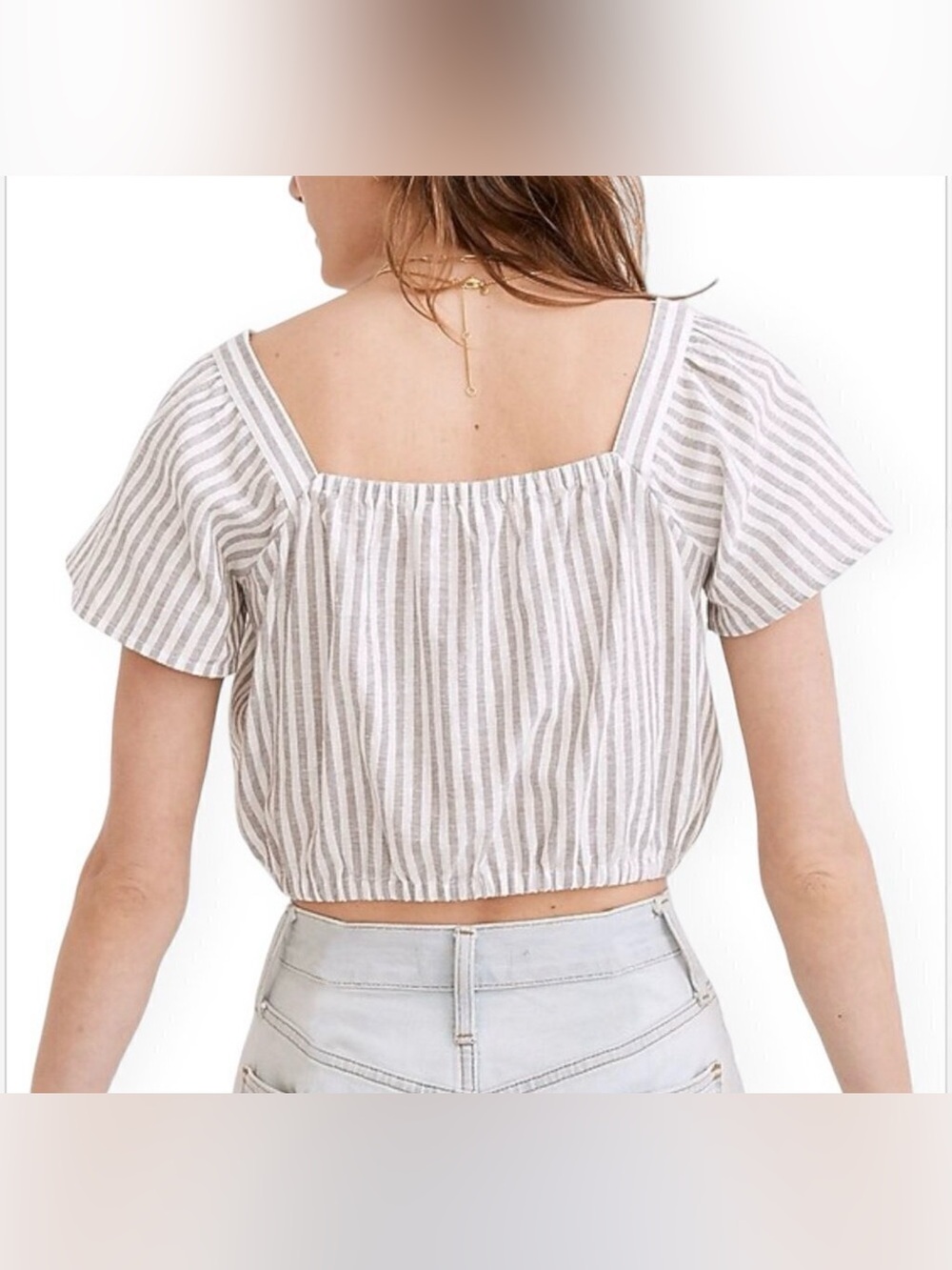 Madewell Striped White and Grey Flutter-Sleeve Button-Front Crop Top LARGE/LG - Picture 12 of 15